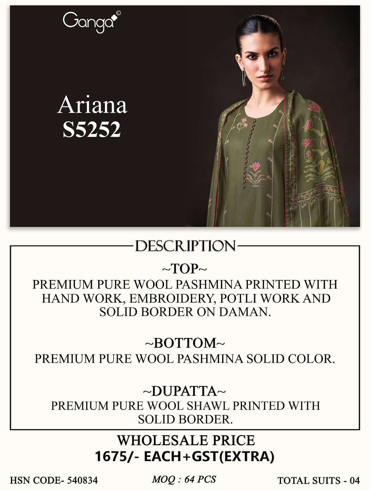 Ganga Fashion Ariana 5252 Pure Wool Pashmina Dress Material