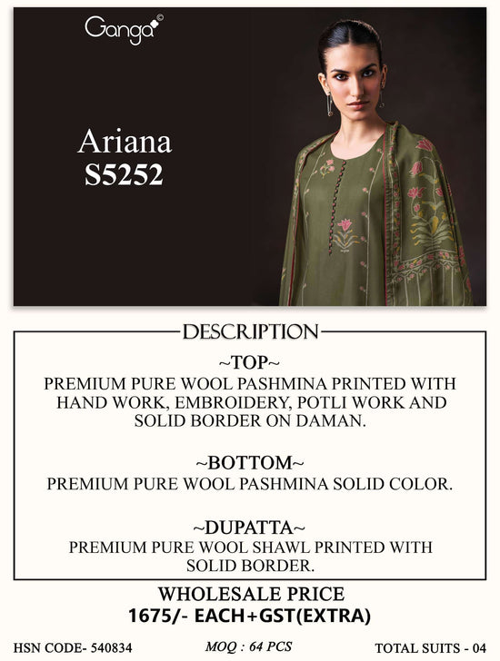 Ganga Fashion Ariana 5252 Pure Wool Pashmina Dress Material
