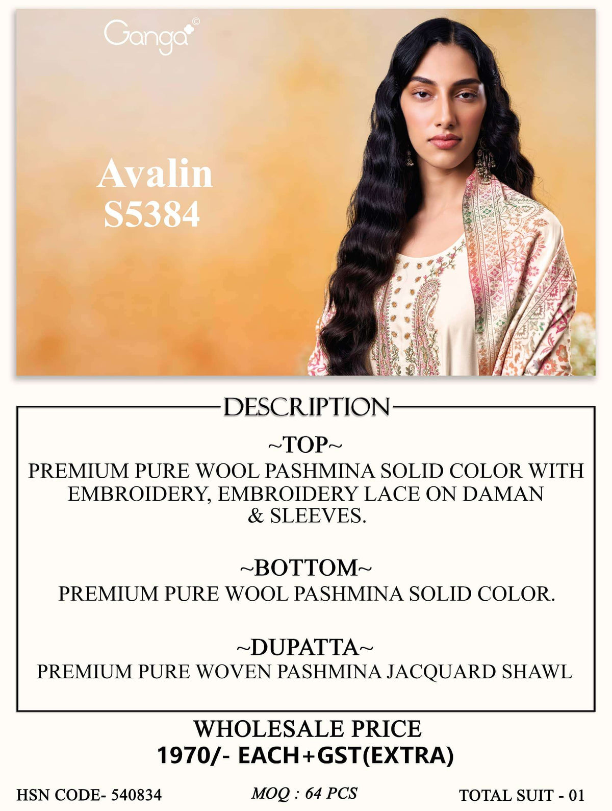 Ganga Fashion Avalin 5384 Pure Wool Pashmina Salwar Kameez