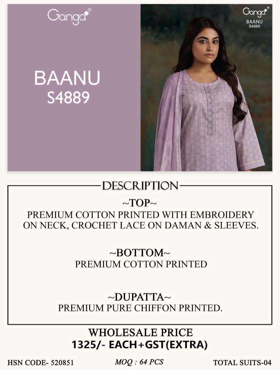 Ganga Fashion Baanu 4889 Premium Cotton Dress Material - Amrah Wholesale