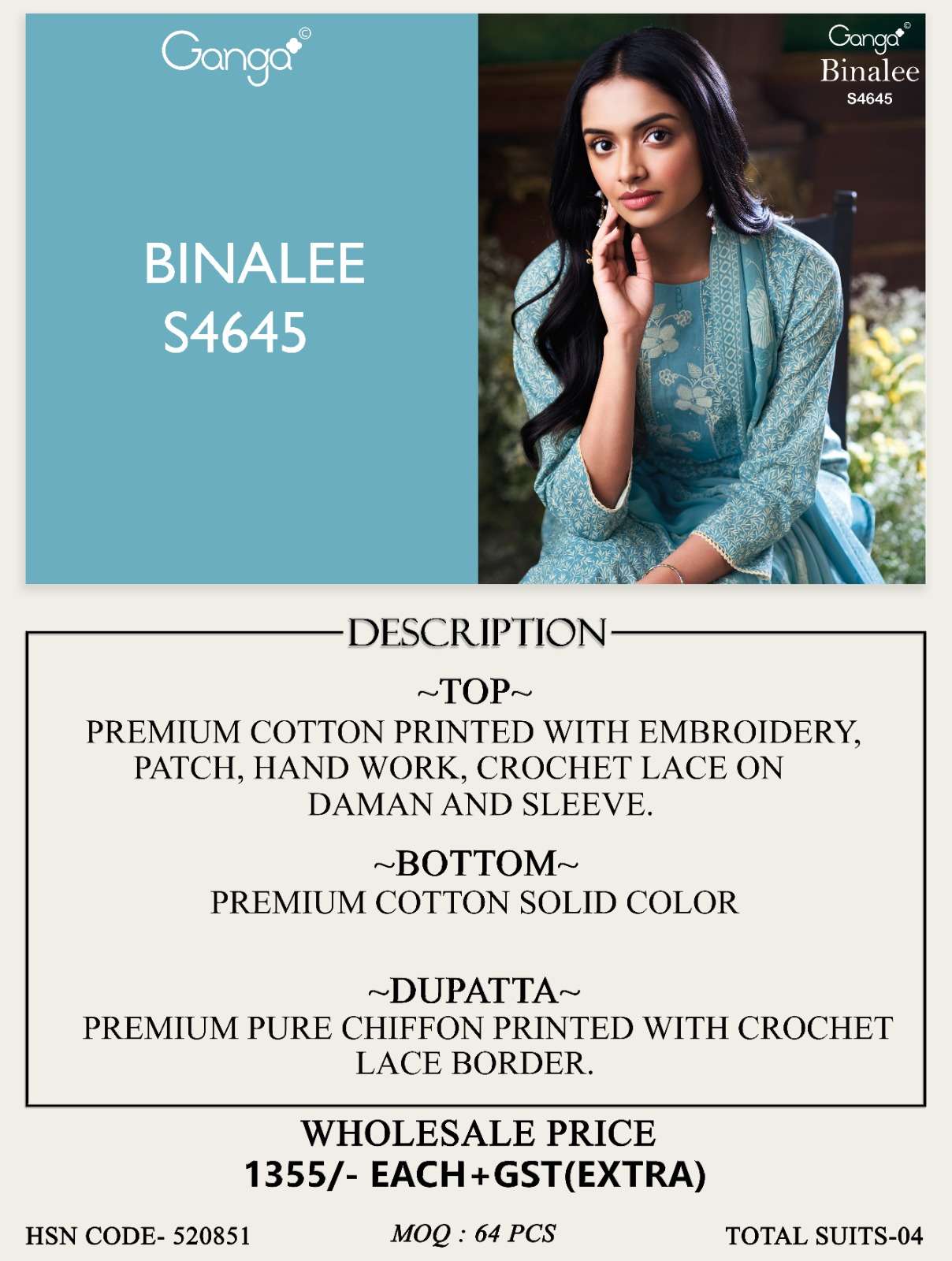 Ganga Fashion Binalee 4645 Cotton Dress Material Wholesale Surat - Amrah Wholesale