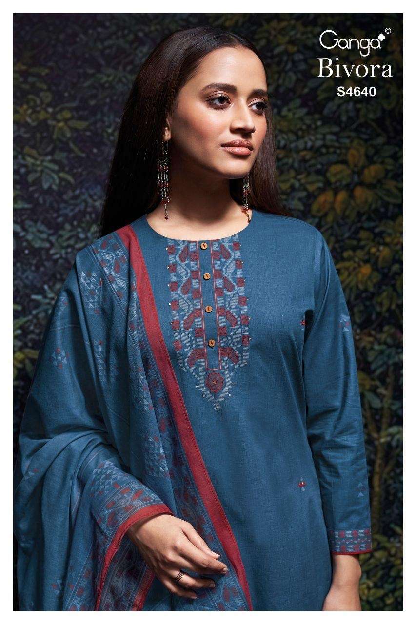 Ganga Fashion Bivora 4640 Premium Cotton Hand Embroidered Dress Material