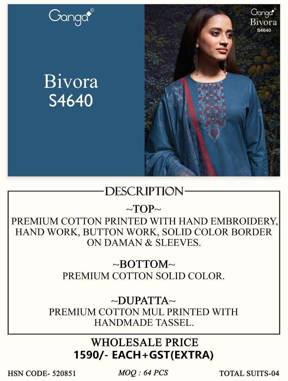 Ganga Fashion Bivora 4640 Premium Cotton Hand Embroidered Dress Material