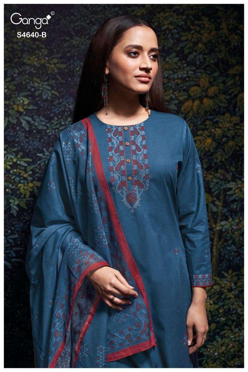 Ganga Fashion Bivora 4640 Premium Cotton Hand Embroidered Dress Material