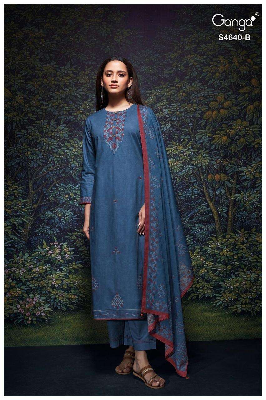 Ganga Fashion Bivora 4640 Premium Cotton Hand Embroidered Dress Material