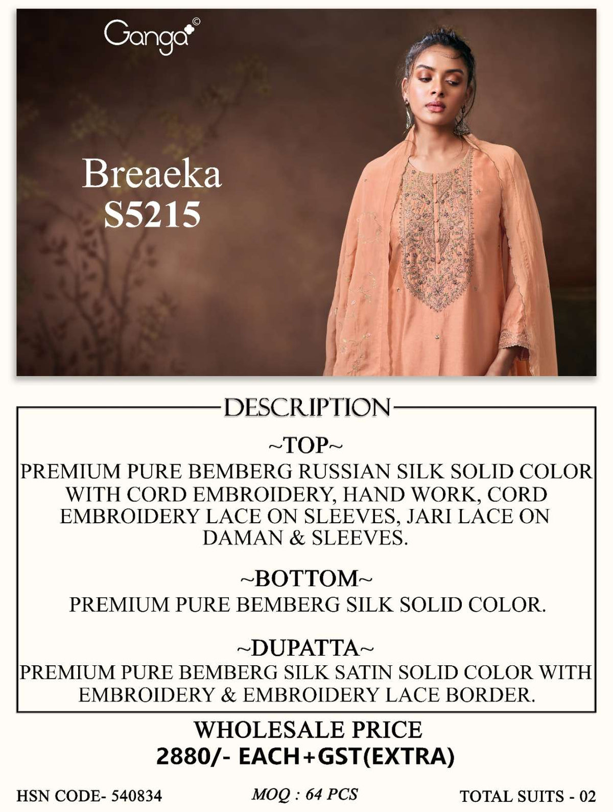Ganga Fashion Breaeka 5215 Pure Russian Silk Cord Embroidery Suit