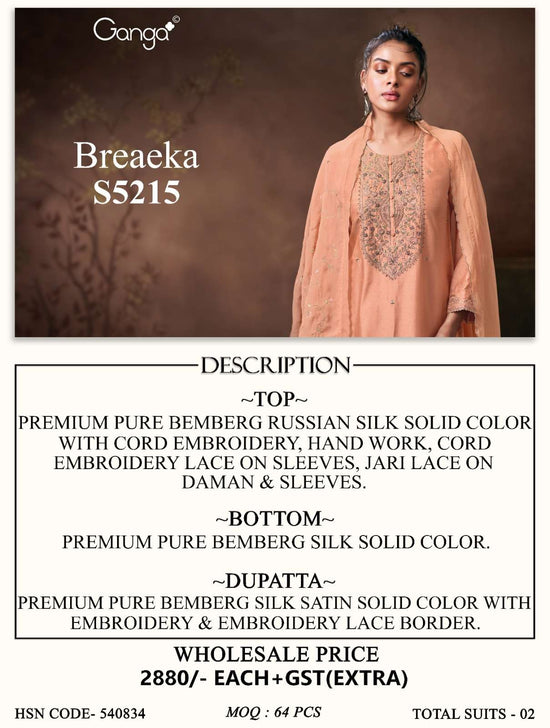 Ganga Fashion Breaeka 5215 Pure Russian Silk Cord Embroidery Suit