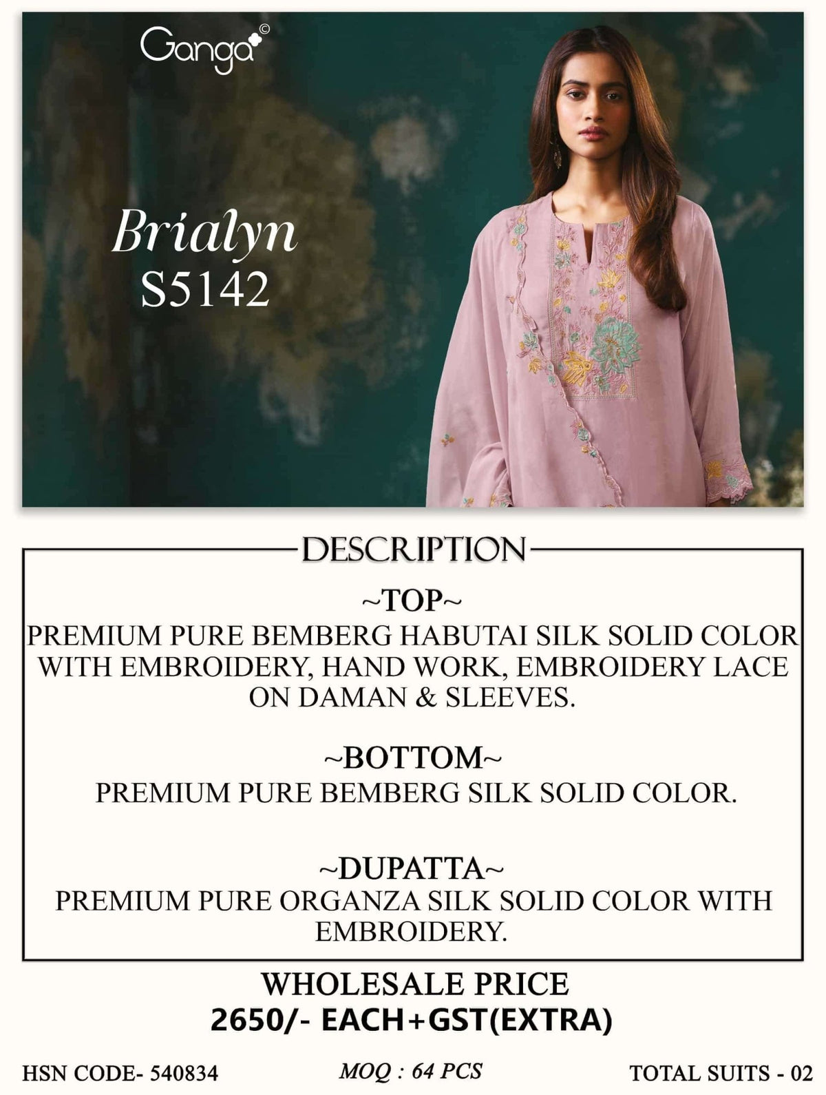 Ganga Fashion Brialyn 5142 Pure Bemberg Silk Dress Material - Amrah Wholesale