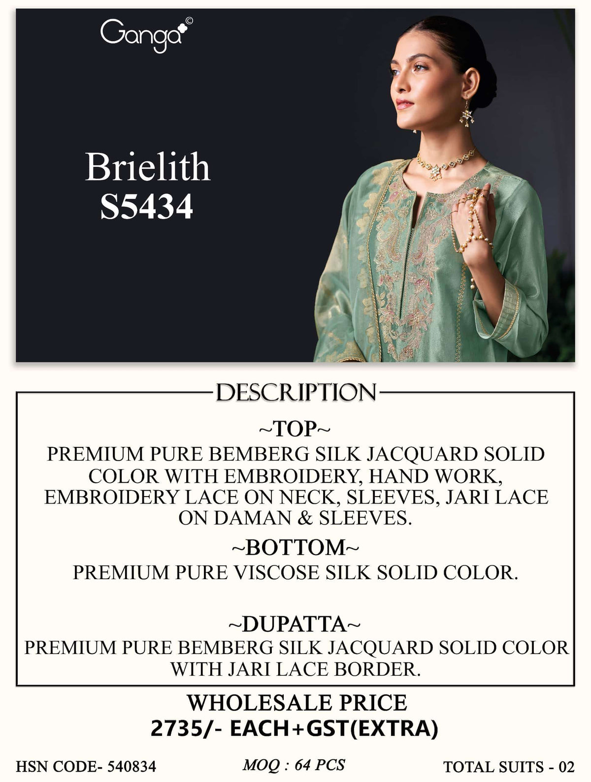 Ganga Fashion Brielith 5434 Pure Bemberg Silk Jacquard Dress Material