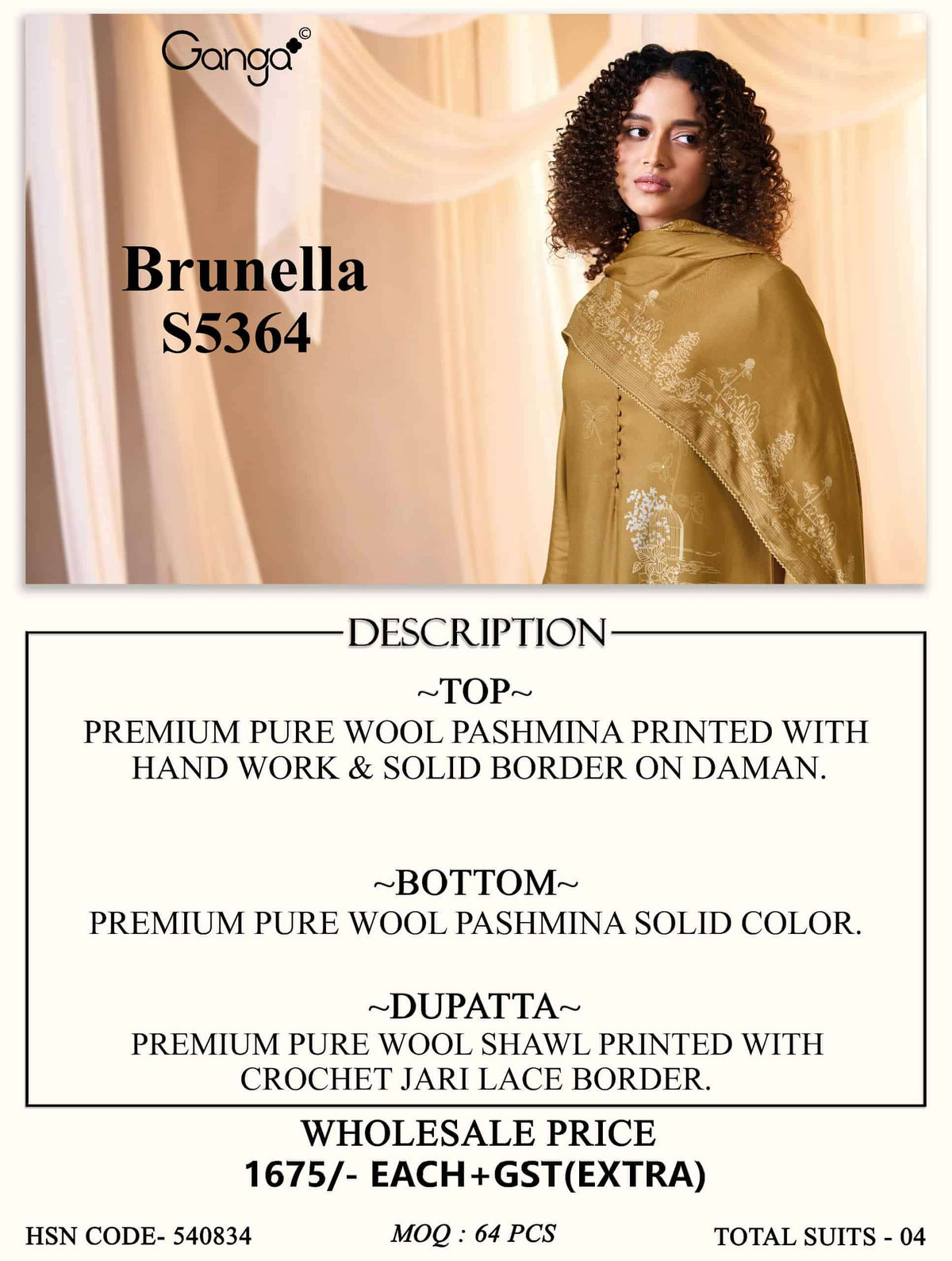 Ganga Fashion Brunella 5364 Pure Wool Pashmina Dress Material