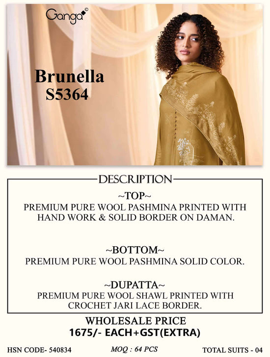 Ganga Fashion Brunella 5364 Pure Wool Pashmina Dress Material