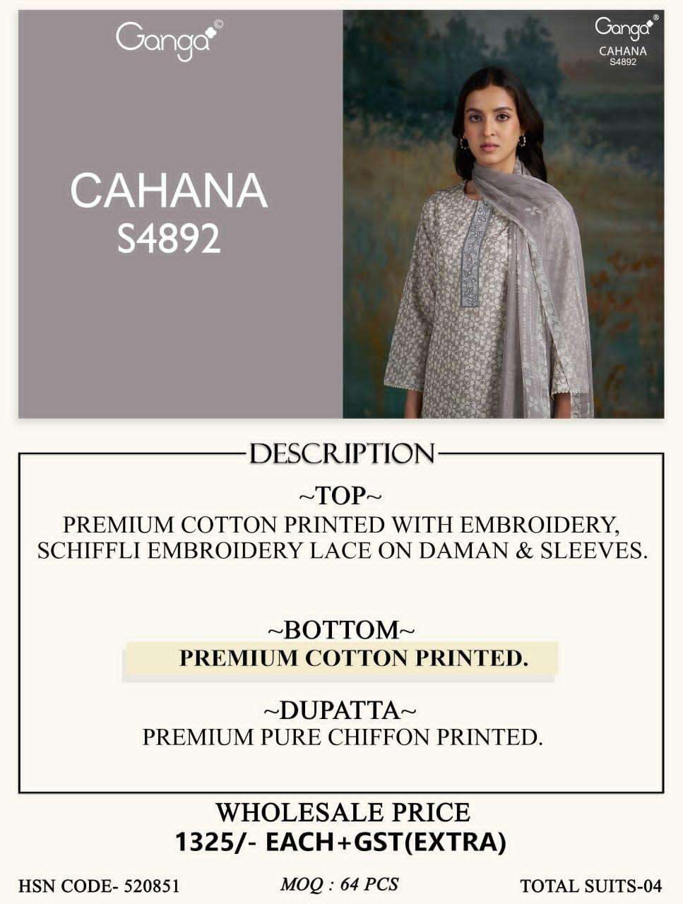 Ganga Fashion Cahana 4892 Premium Cotton Embroidered Dress Material