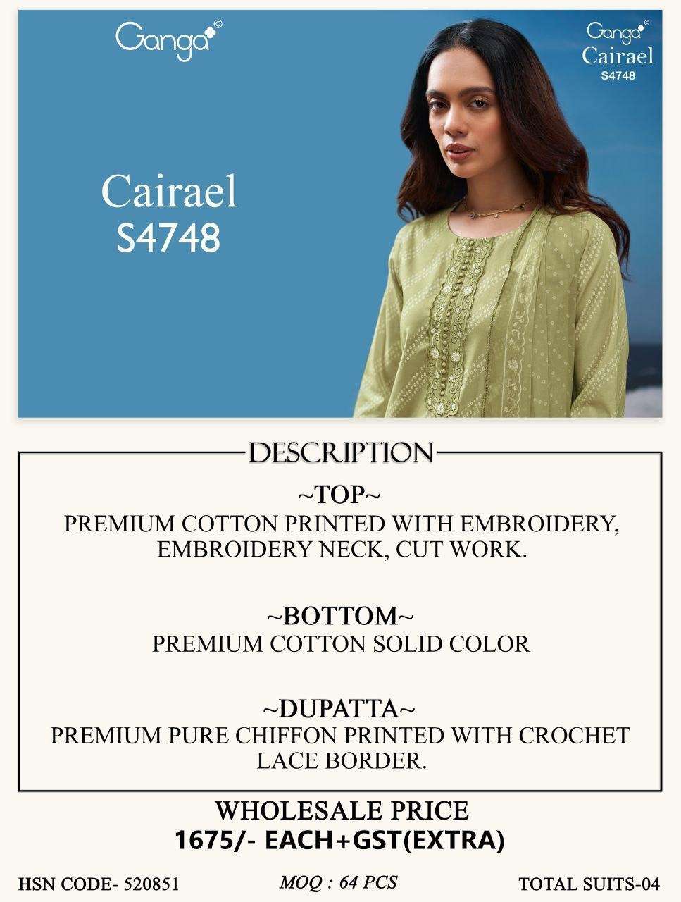 Ganga Fashion Cairael 4748 Premium Cotton Dress Material - Amrah Wholesale