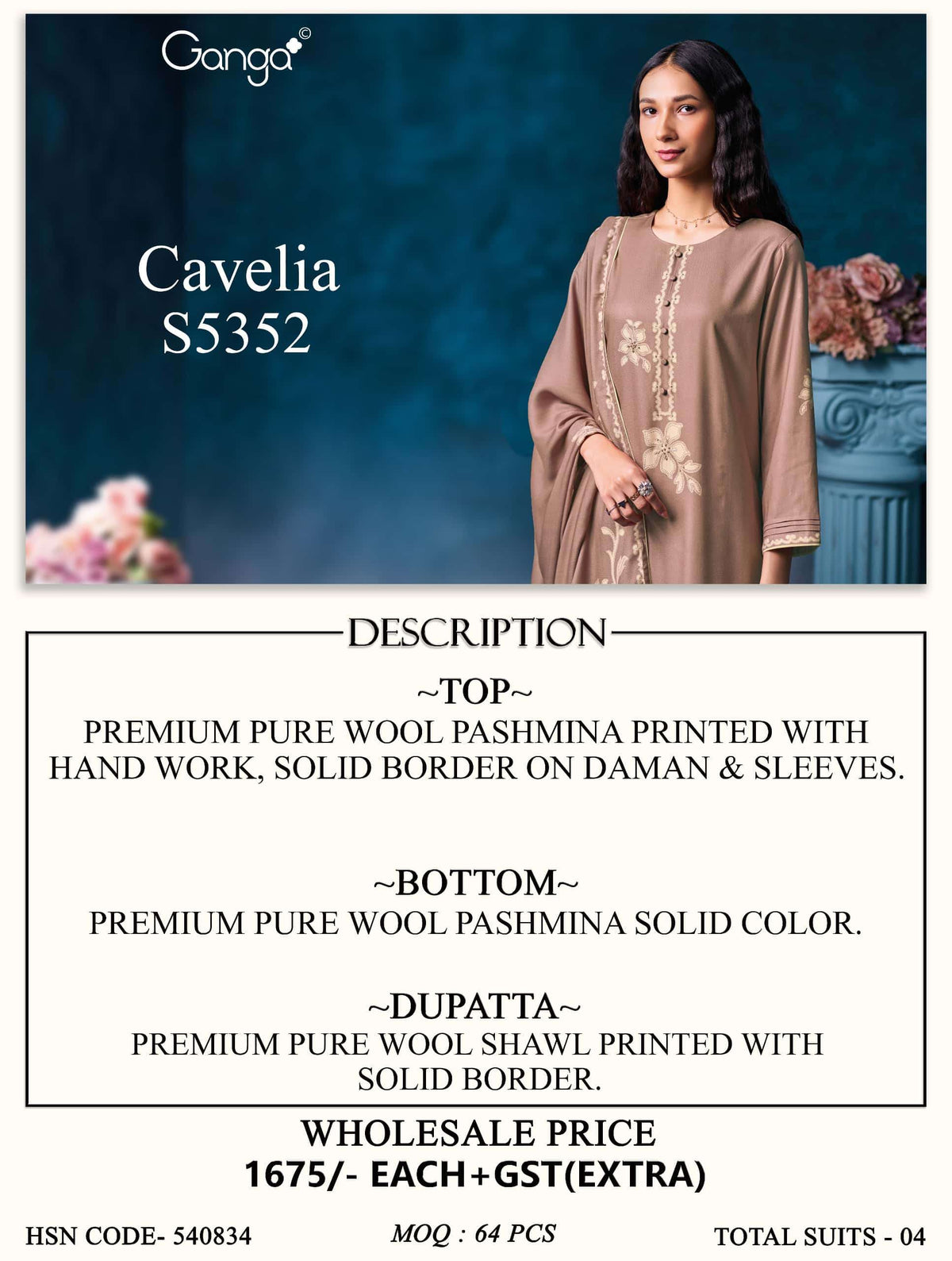 Ganga Fashion Cavelia 5352 Pure Wool Pashmina Winter Dress Material