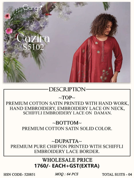 Ganga Fashion Cazira 5102 Premium Cotton Satin Dress Material