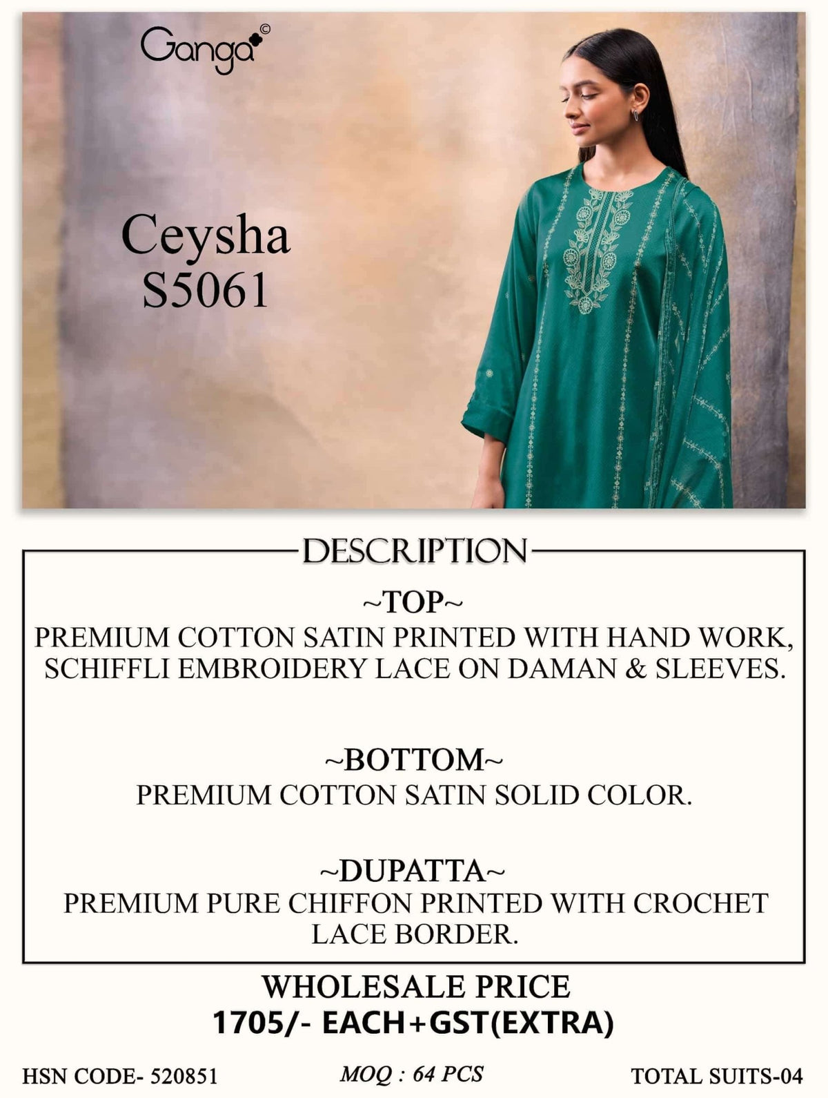 Ganga Fashion Ceysha 5061 Premium Cotton Satin Dress Material - Amrah Wholesale