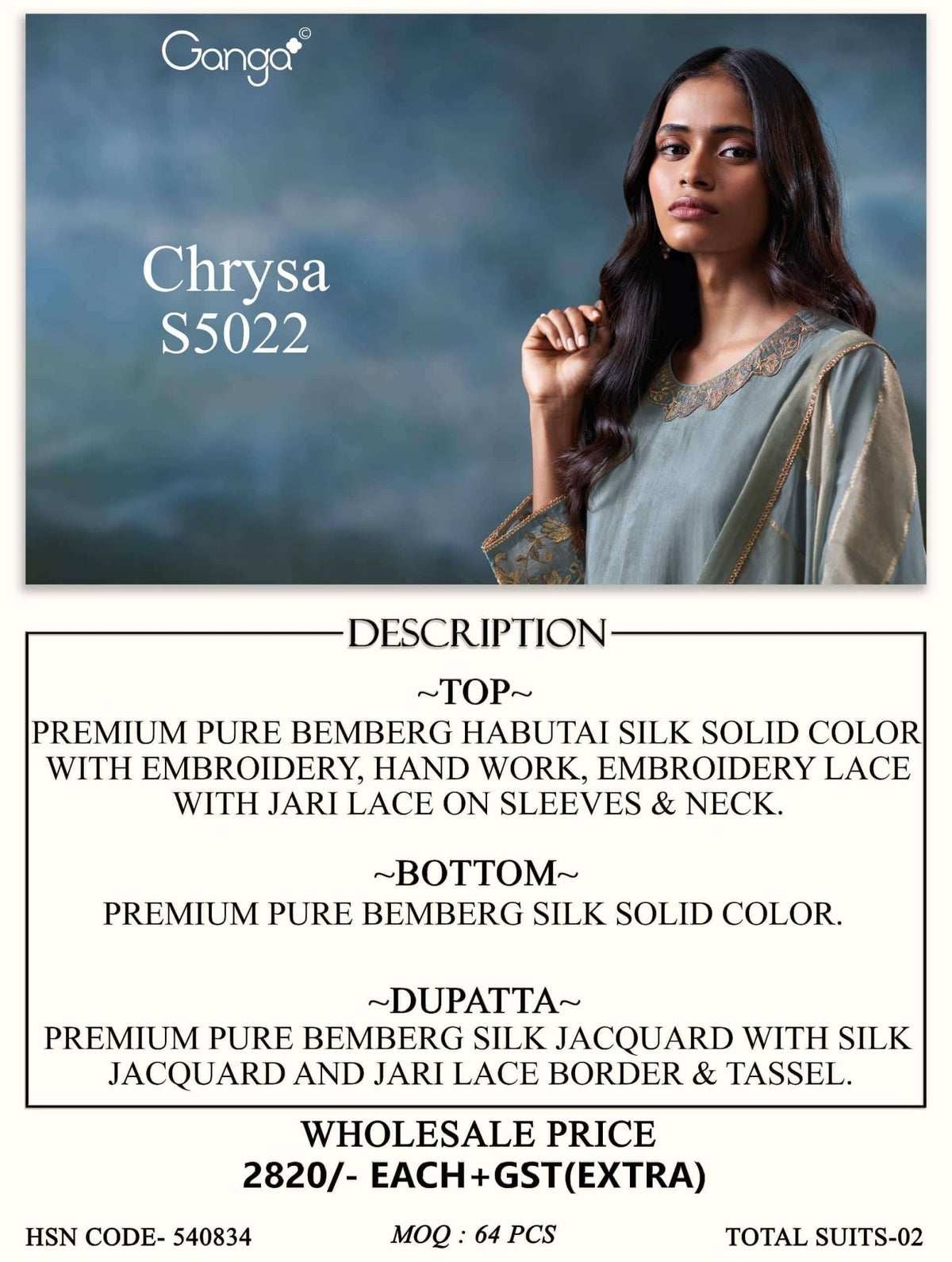 Ganga Fashion Chrysa 5022 Premium Bemberg Silk Embroidered Pakistani Suit - Amrah Wholesale