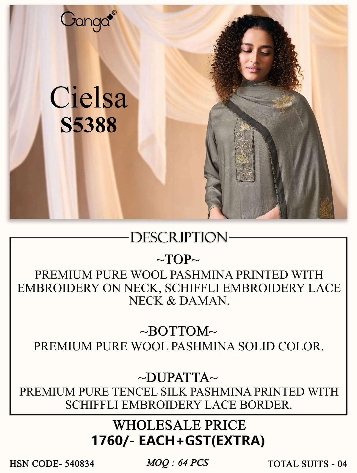 Ganga Fashion Cielsa 5388 Pure Wool Pashmina Dress Material