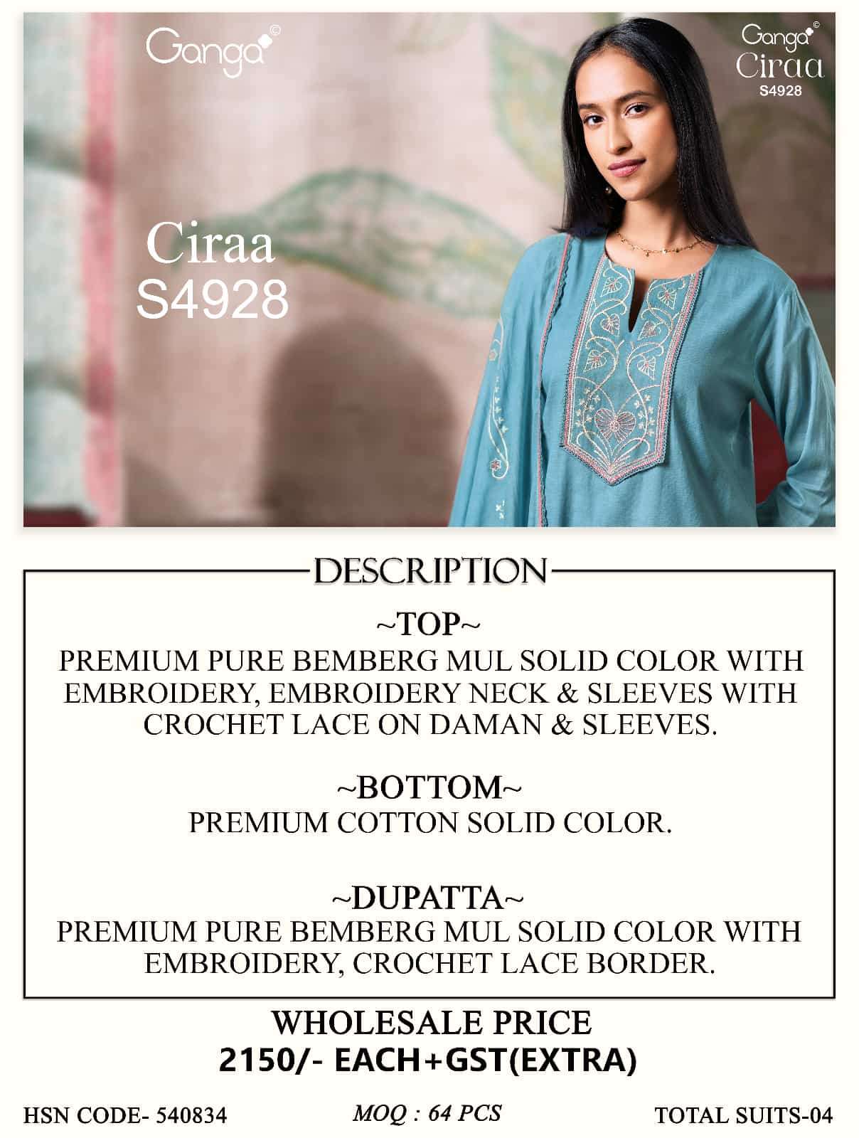 Ganga Fashion Ciraa 4928 Bemberg Mul Embroidered Dress Material - Amrah Wholesale