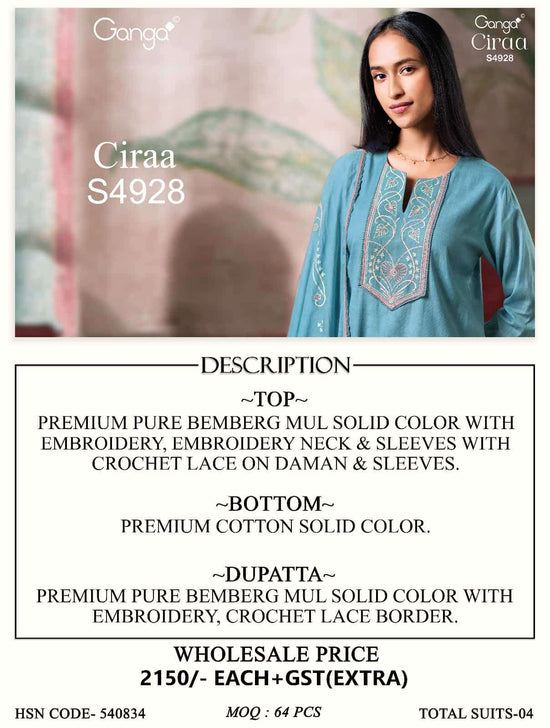 Ganga Fashion Ciraa 4928 Bemberg Mul Embroidered Dress Material - Amrah Wholesale