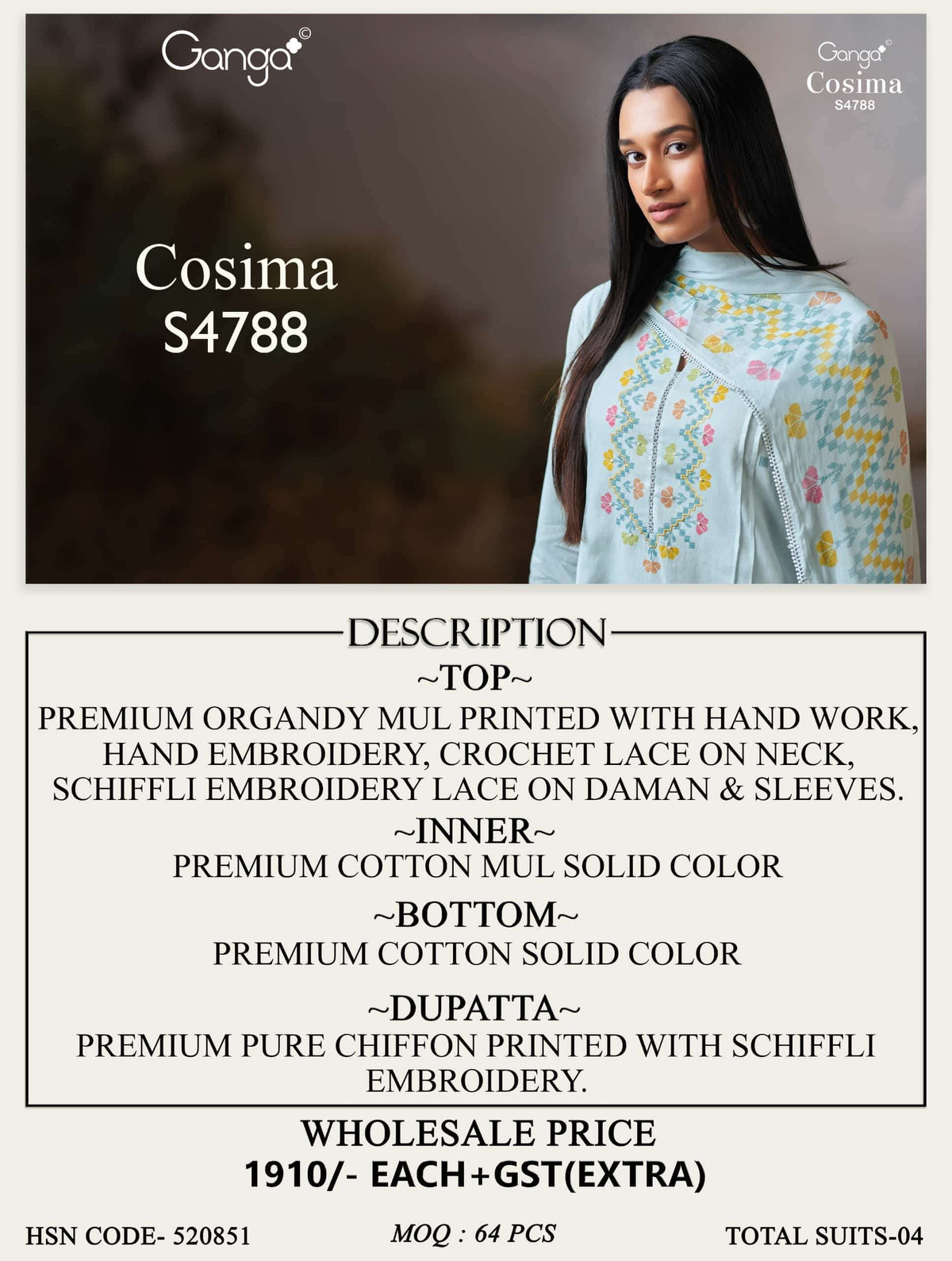 Ganga Fashion Cosima 4799 Premium Organdy Dress Material