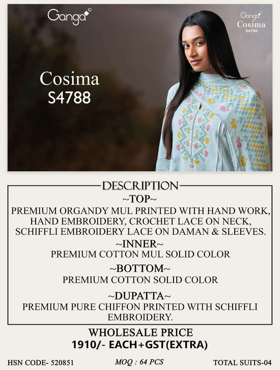 Ganga Fashion Cosima 4799 Premium Organdy Dress Material
