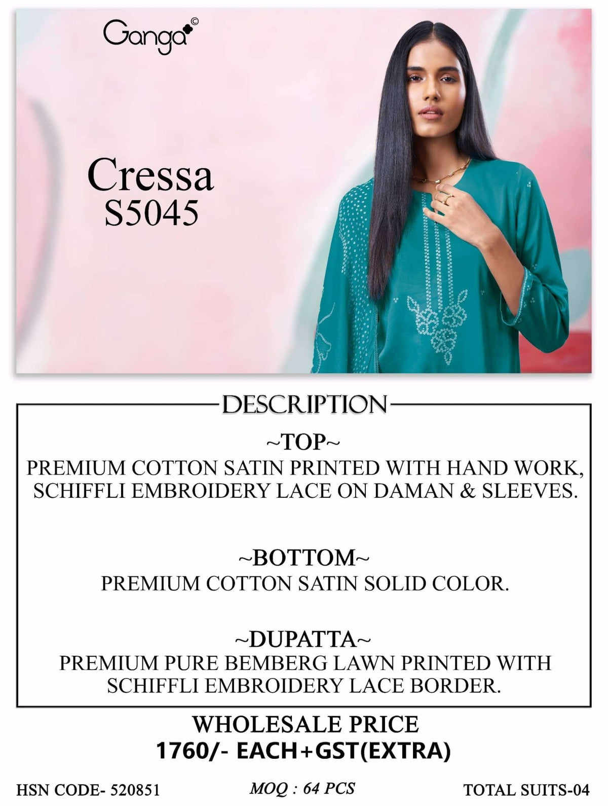 Ganga Fashion Cressa 5045 Premium Cotton Satin Dress Material - Amrah Wholesale