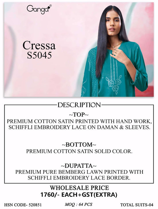 Ganga Fashion Cressa 5045 Premium Cotton Satin Dress Material - Amrah Wholesale
