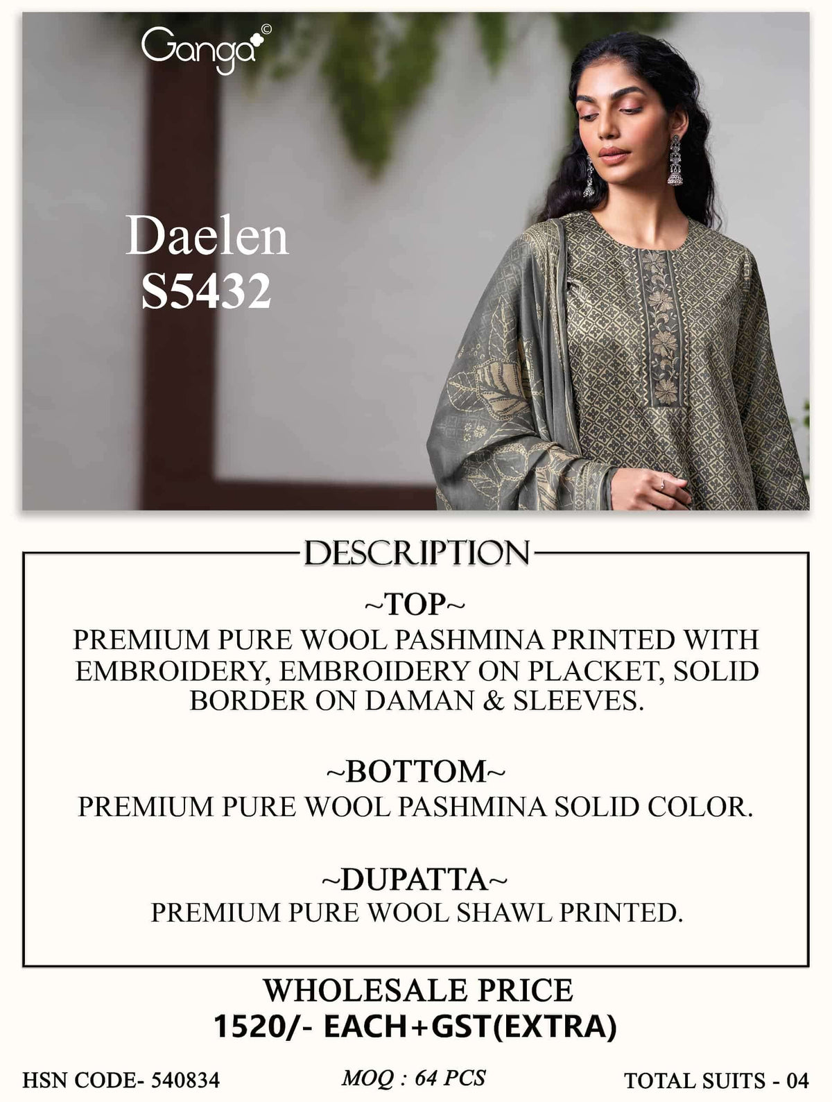 Ganga Fashion Daelen 5432 Pure Wool Pashmina Embroidered Suit