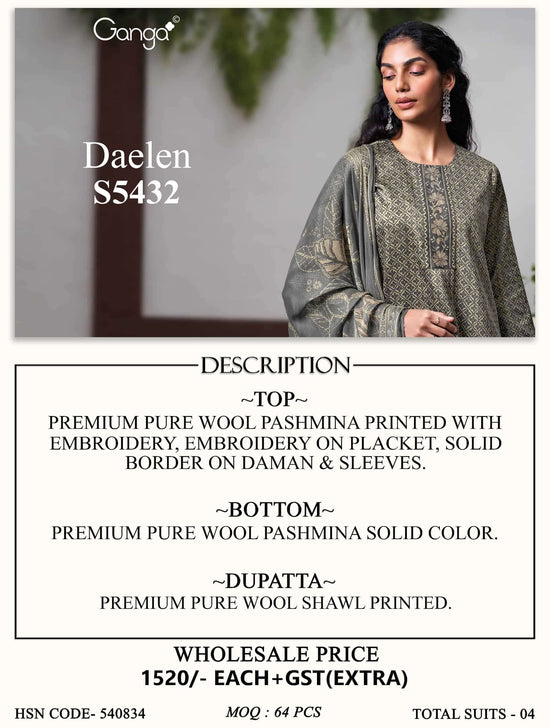 Ganga Fashion Daelen 5432 Pure Wool Pashmina Embroidered Suit