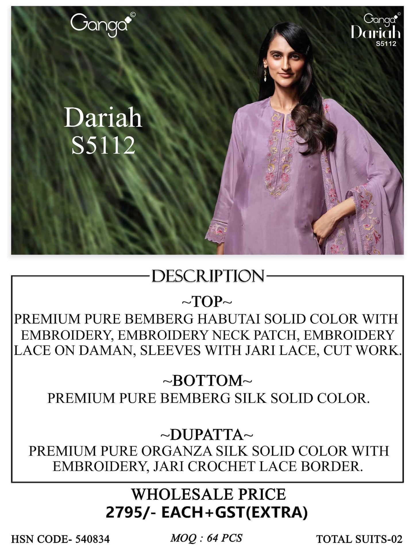 Ganga Fashion Dairah 5112 Premium Bemberg Embroidered Dress Material Wholesale