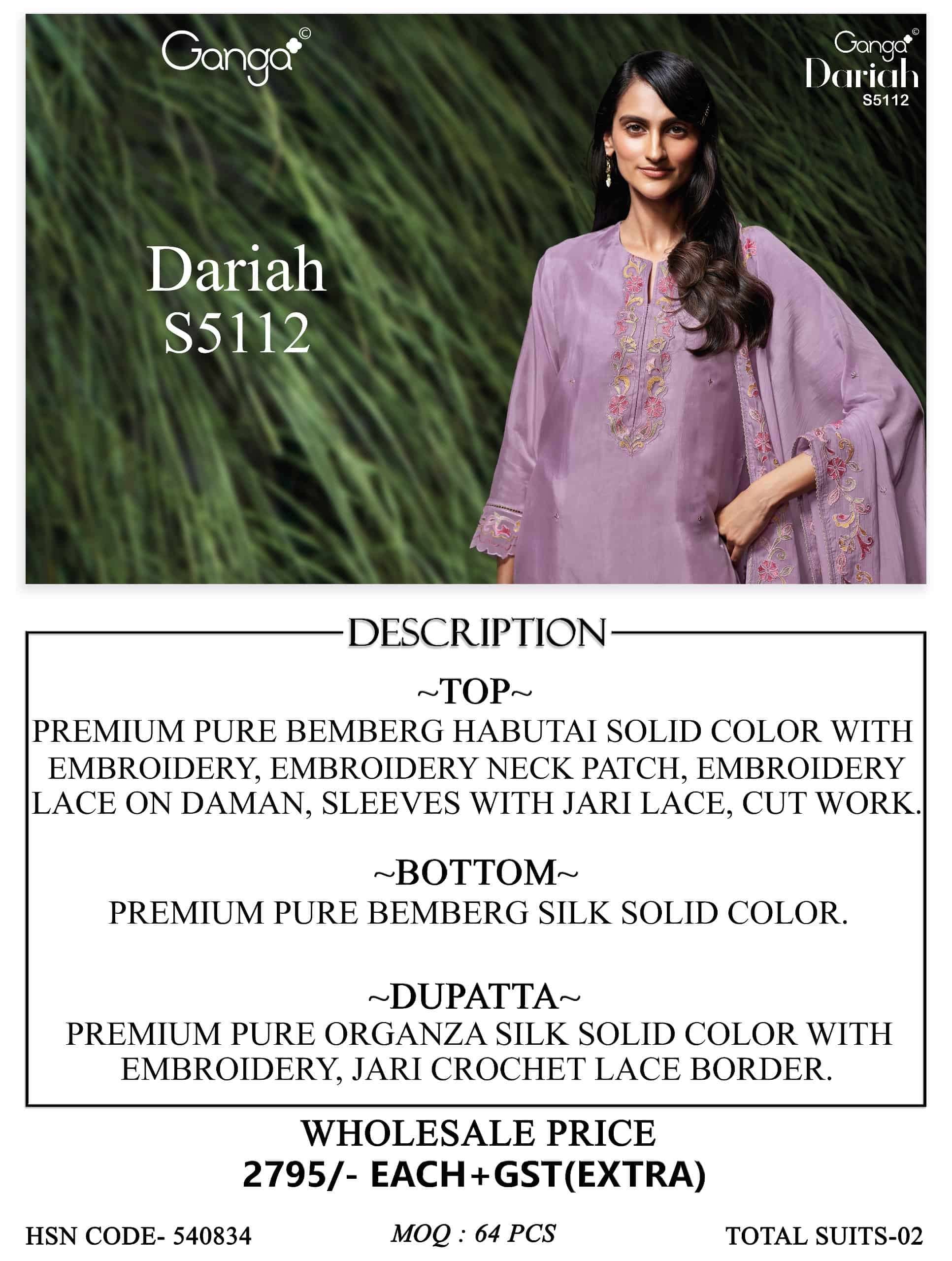 Ganga Fashion Dairah 5112 Premium Bemberg Embroidered Dress Material Wholesale