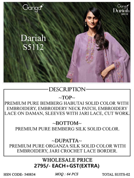 Ganga Fashion Dairah 5112 Premium Bemberg Embroidered Dress Material Wholesale