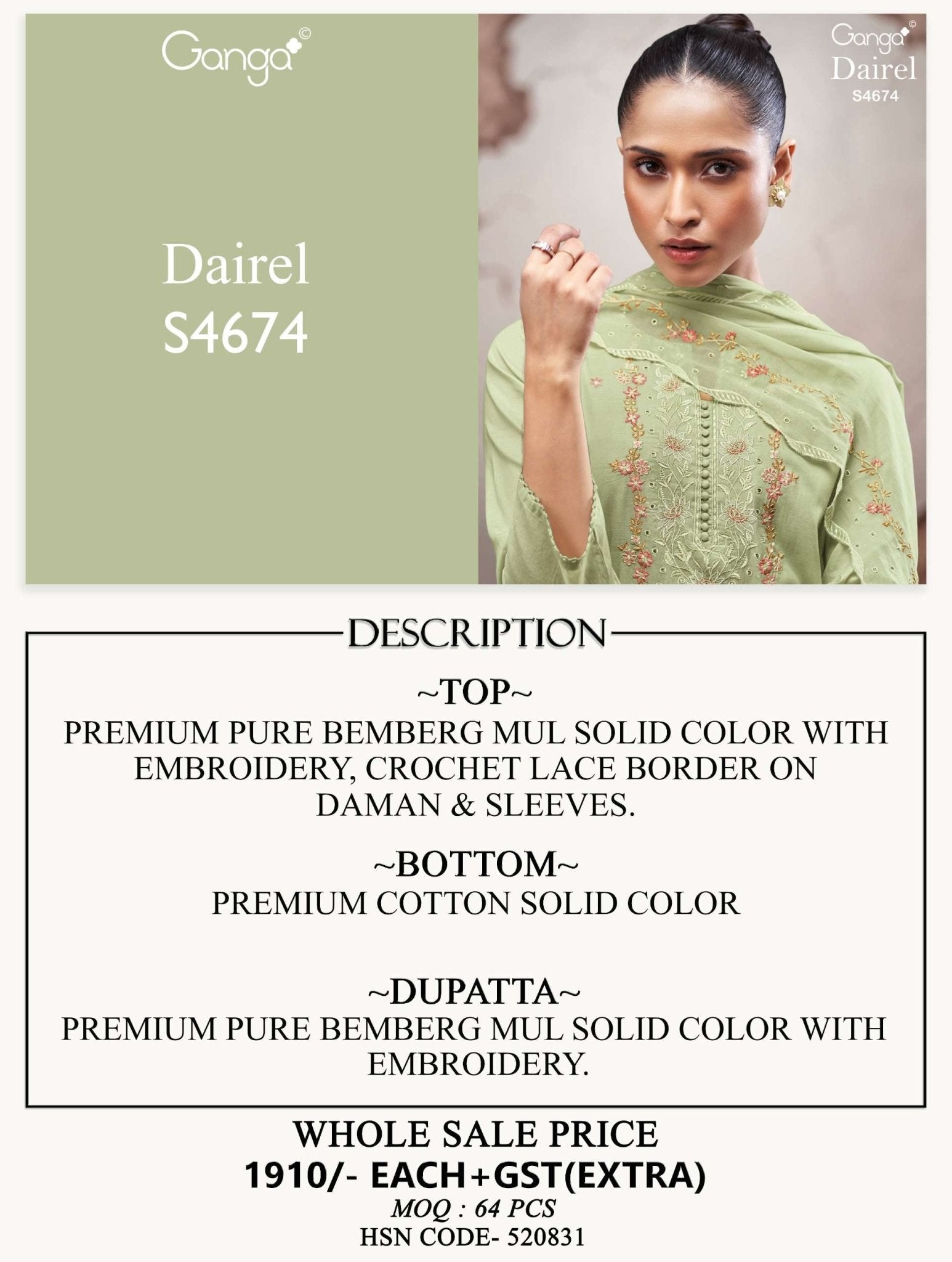 Ganga Fashion Dairel 4674 Bemberg Mul Dress Material Wholesale - Amrah Wholesale