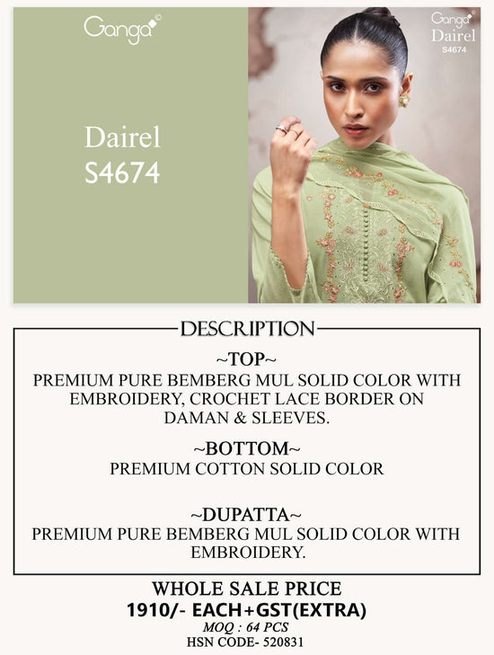 Ganga Fashion Dairel 4674 Bemberg Mul Dress Material Wholesale - Amrah Wholesale