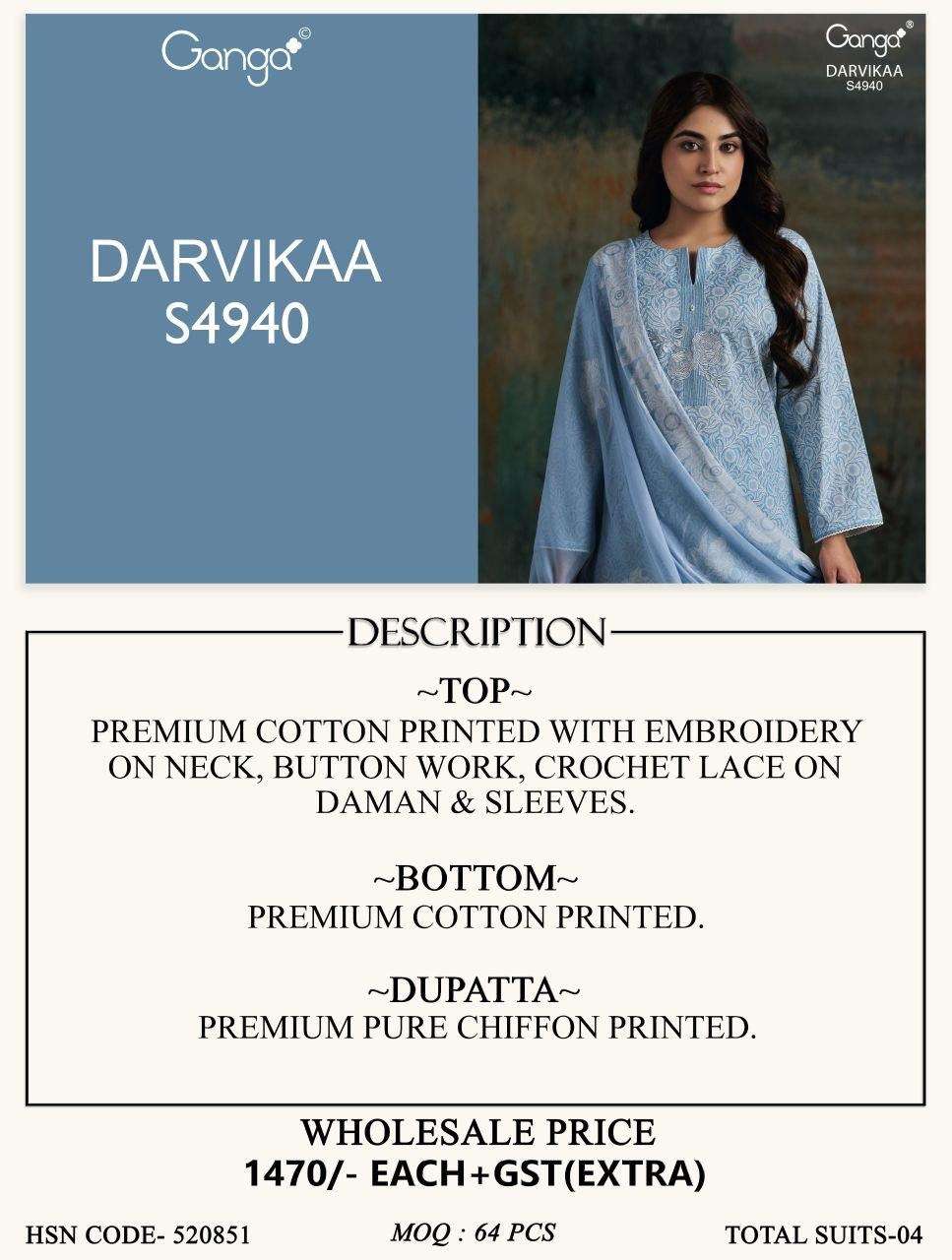 Ganga Fashion Darvikaa 4940 Premium Cotton Dress Material - Amrah Wholesale