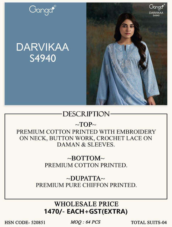 Ganga Fashion Darvikaa 4940 Premium Cotton Dress Material - Amrah Wholesale