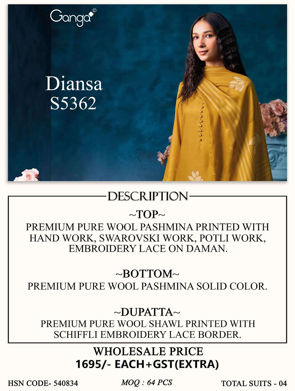 Ganga Fashion Diansa 5362 Pure Wool Pashmina Printed Dress Material
