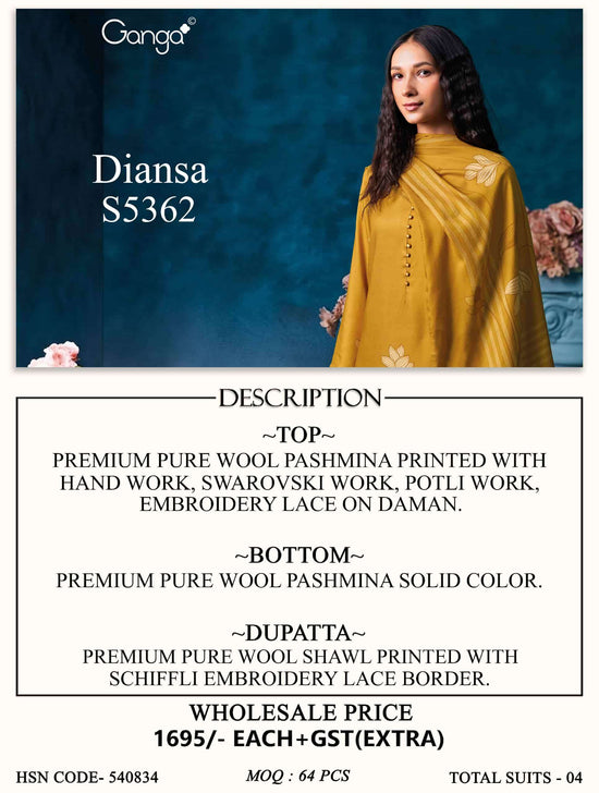 Ganga Fashion Diansa 5362 Pure Wool Pashmina Printed Dress Material