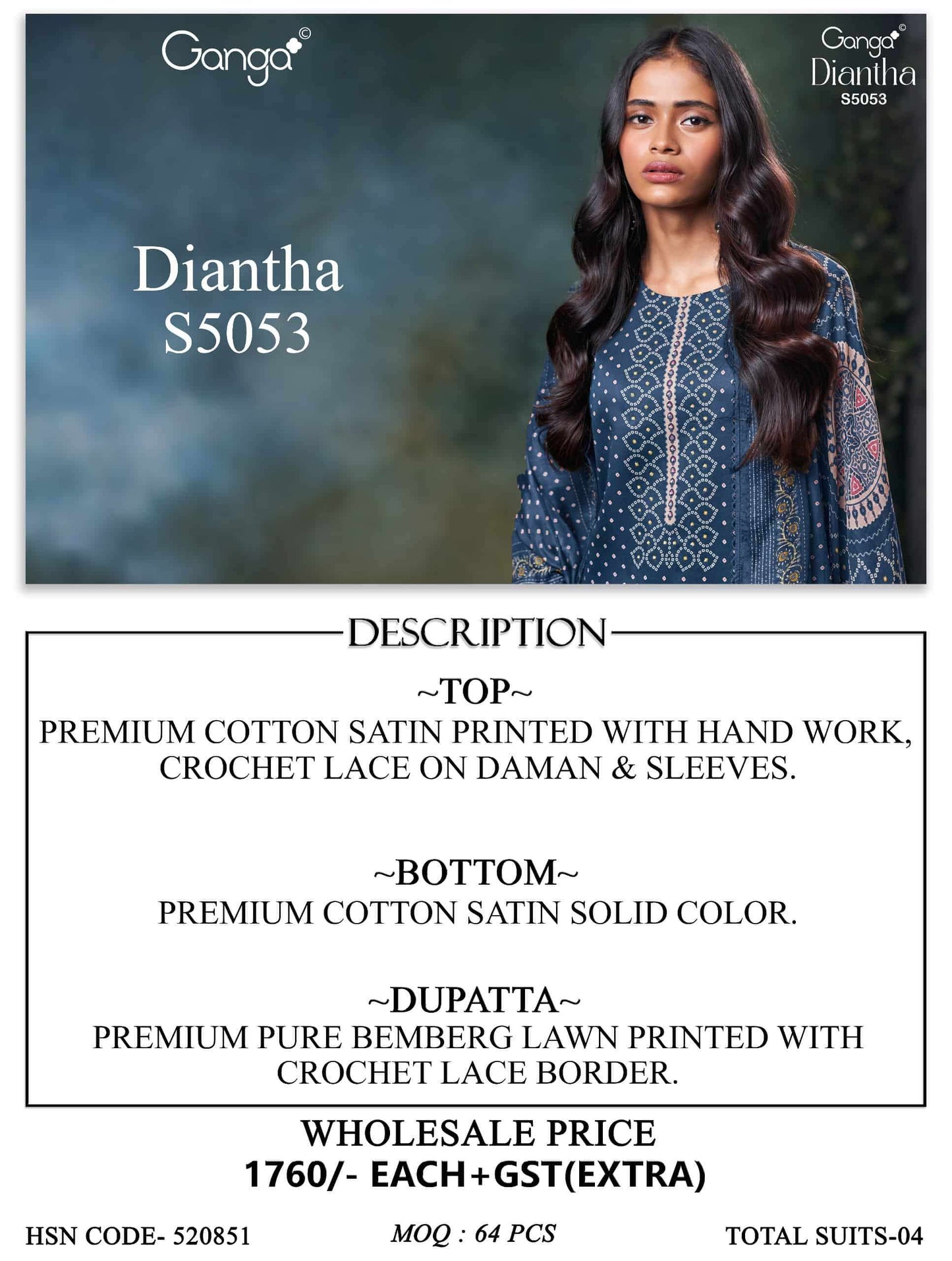 Ganga Fashion Diantha 5053 Premium Cotton Satin Dress Material