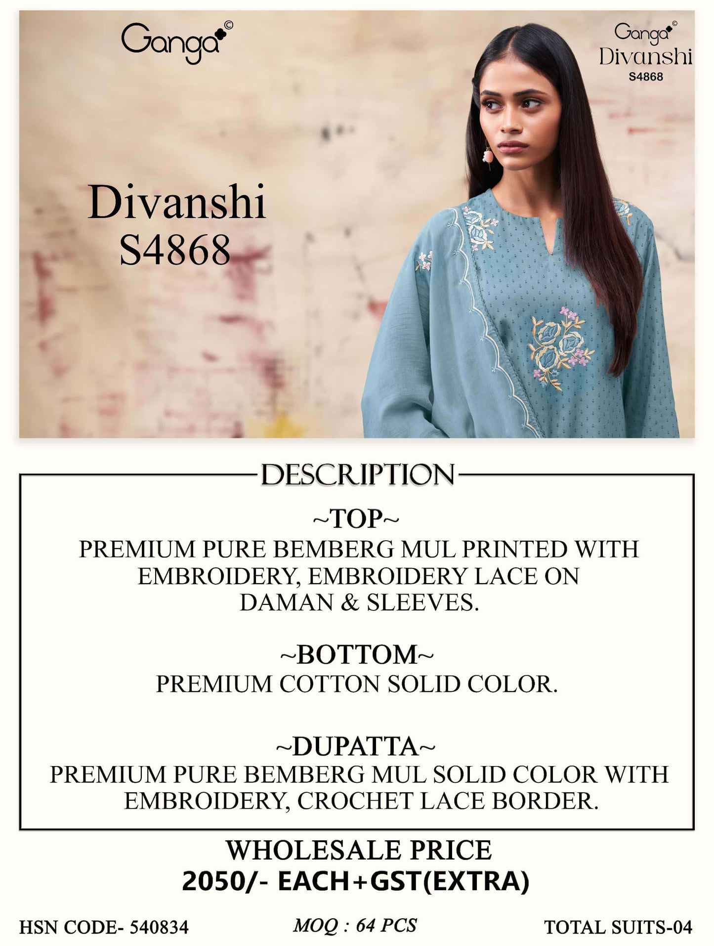 Ganga Fashion Divanshi 4868 Pure Bemberg Mul Dress Material