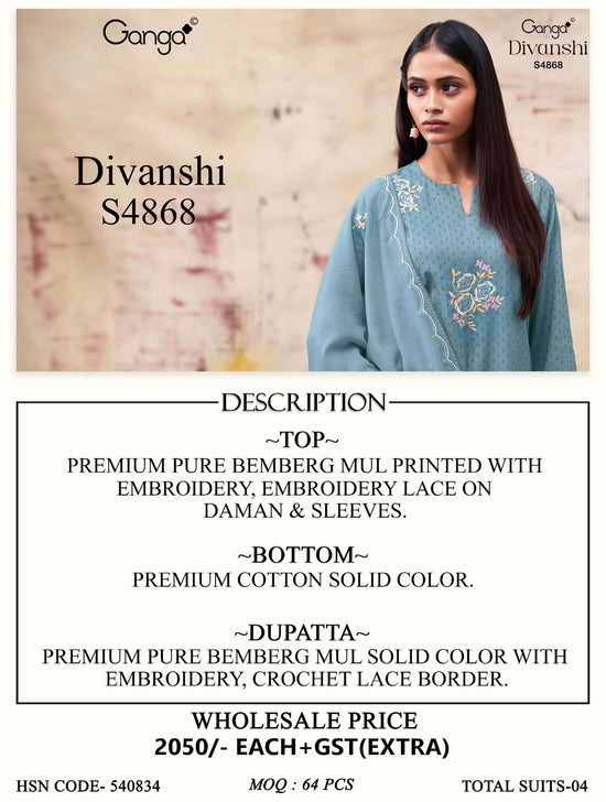 Ganga Fashion Divanshi 4868 Pure Bemberg Mul Dress Material