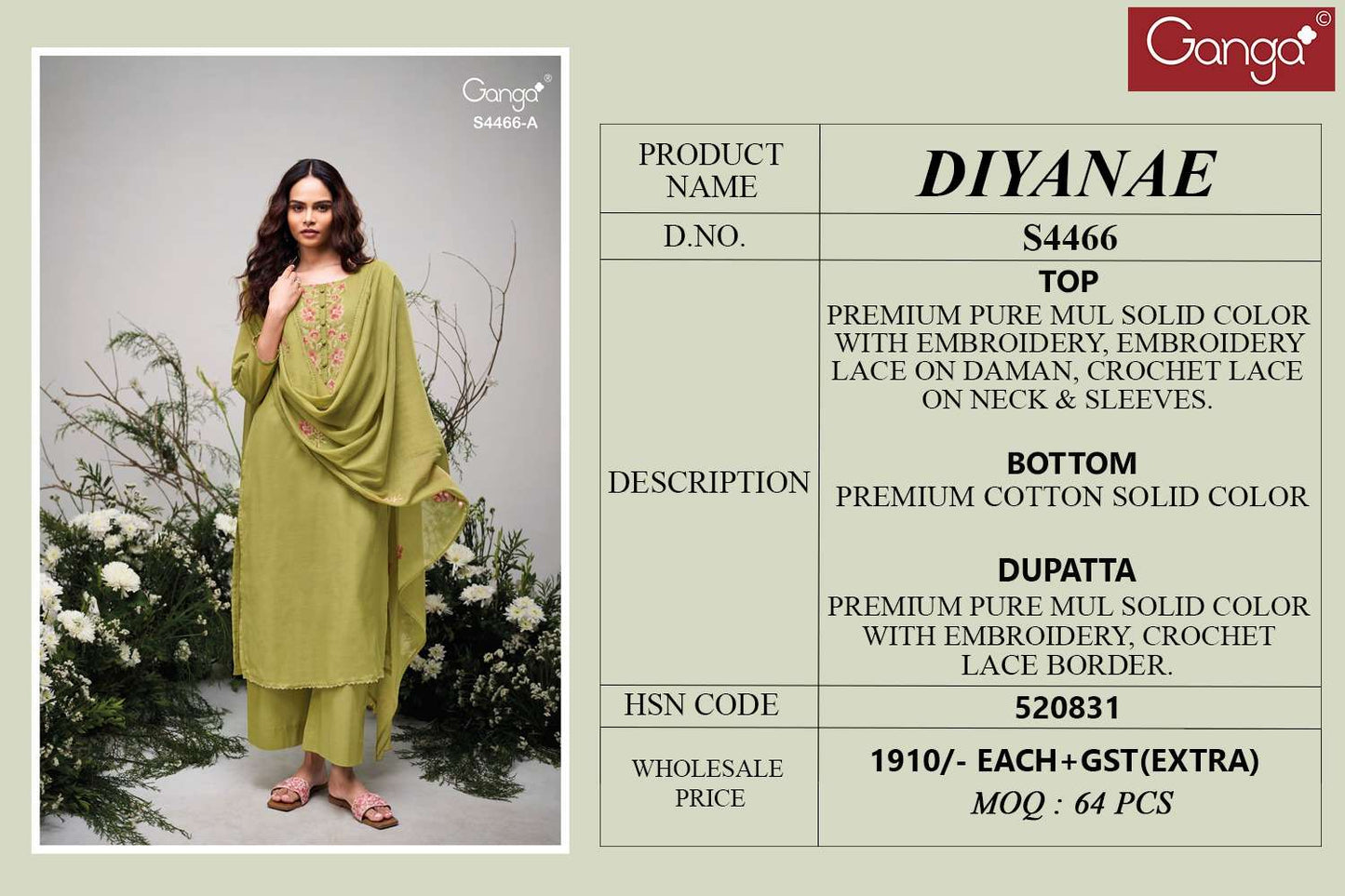 Ganga Fashion Diyanae 4466 Premium Pure Mul Dress Material Wholesale - Amrah Wholesale
