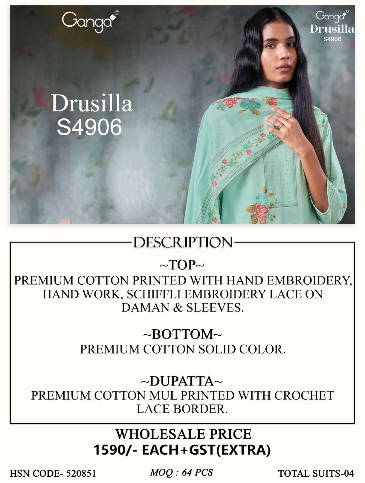 Ganga Fashion Drusilla 4906 Premium Cotton Dress Material - Amrah Wholesale