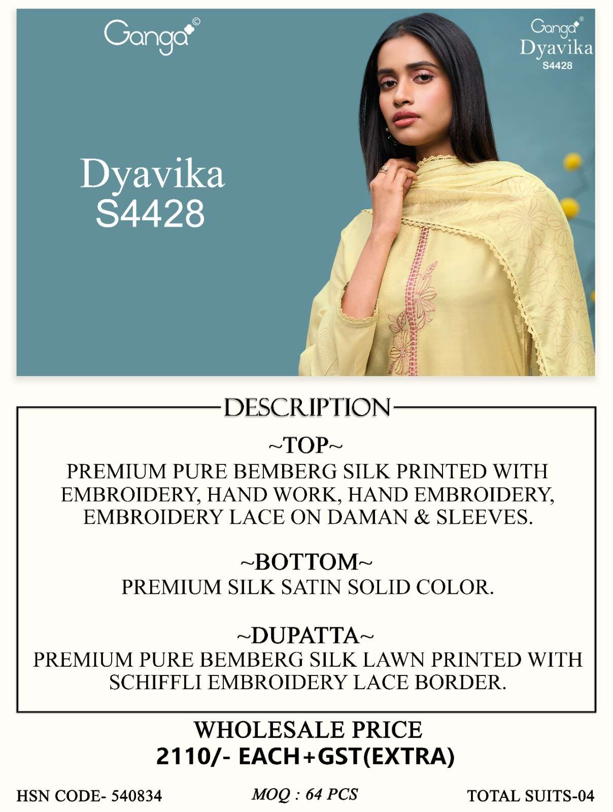 Ganga Fashion Dyavika 4428 Pure Bemberg Silk Dress Material - Amrah Wholesale