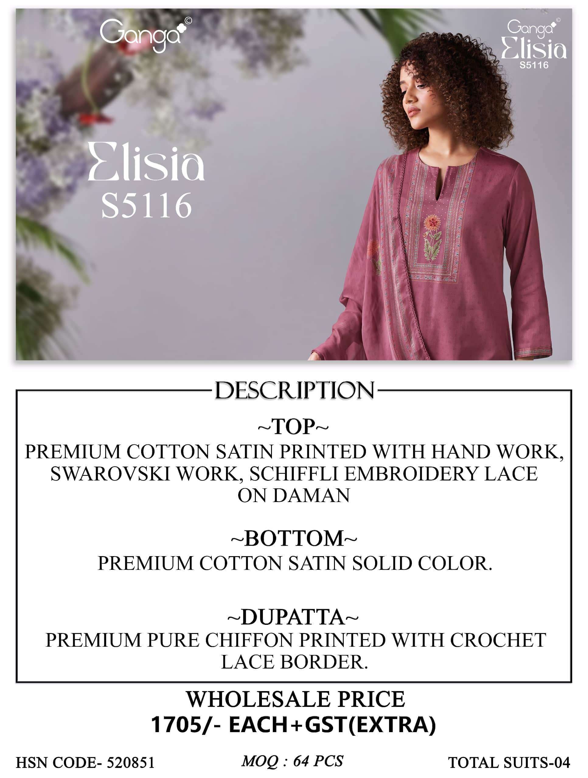 Ganga Fashion Elisia 5116 Premium Cotton Satin Dress Material
