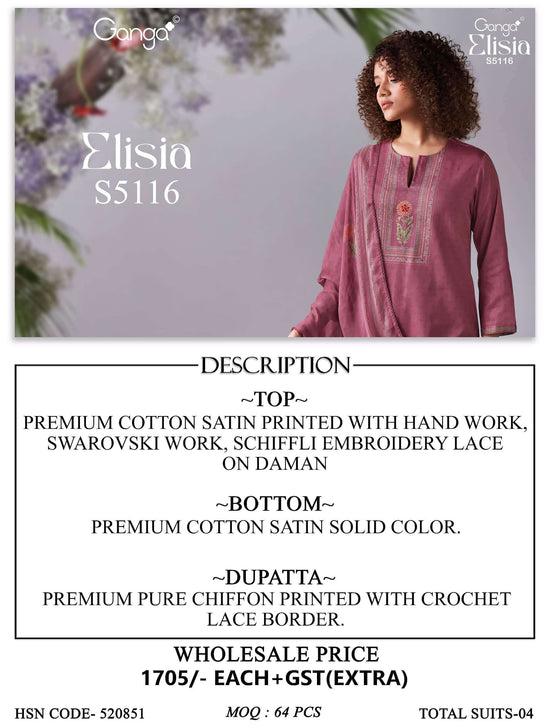 Ganga Fashion Elisia 5116 Premium Cotton Satin Dress Material
