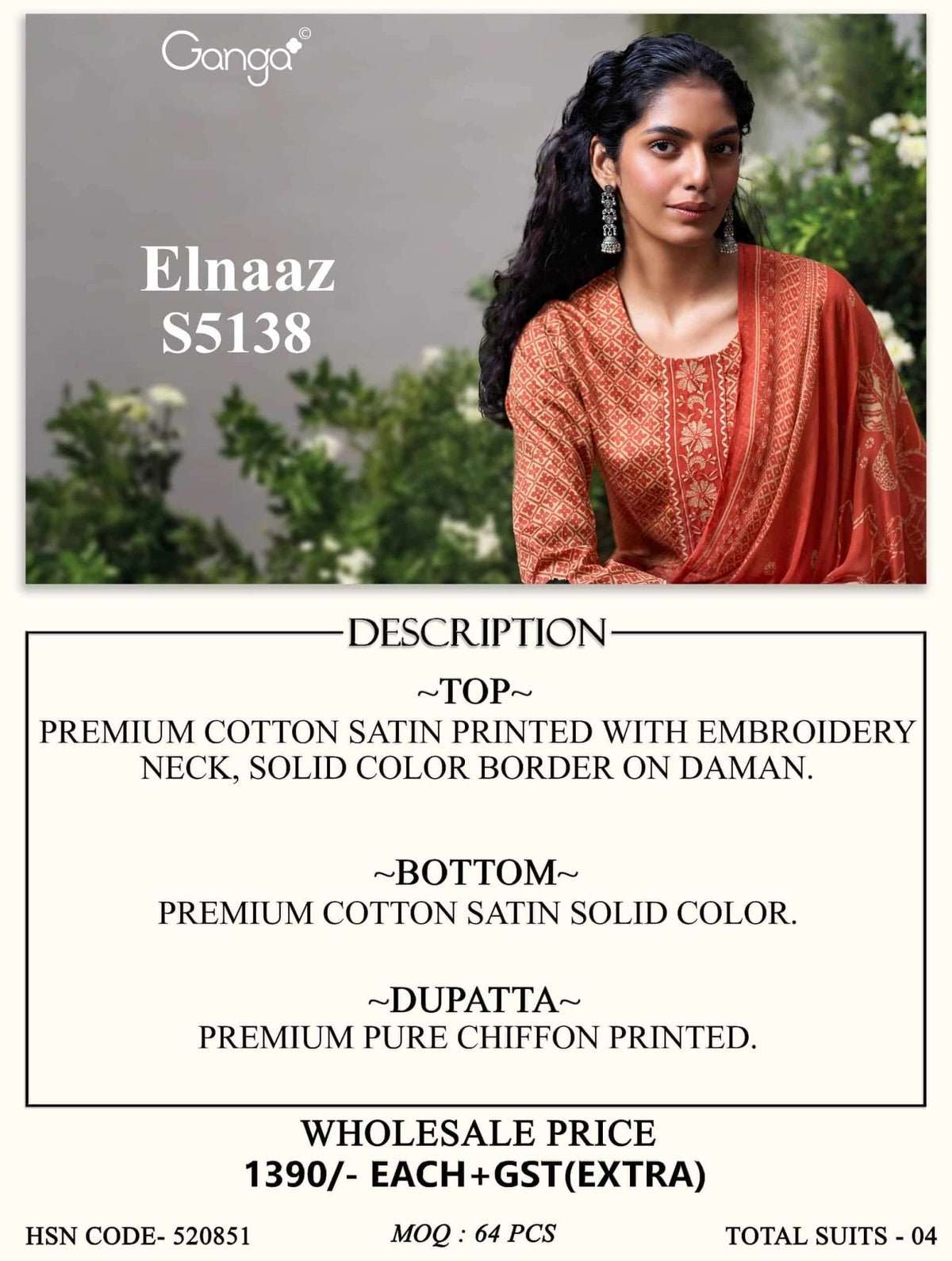 Ganga Fashion Elnaaz 5138 Premium Cotton Satin Dress Material - Amrah Wholesale