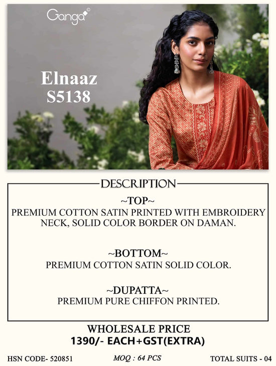 Ganga Fashion Elnaaz 5138 Premium Cotton Satin Dress Material - Amrah Wholesale