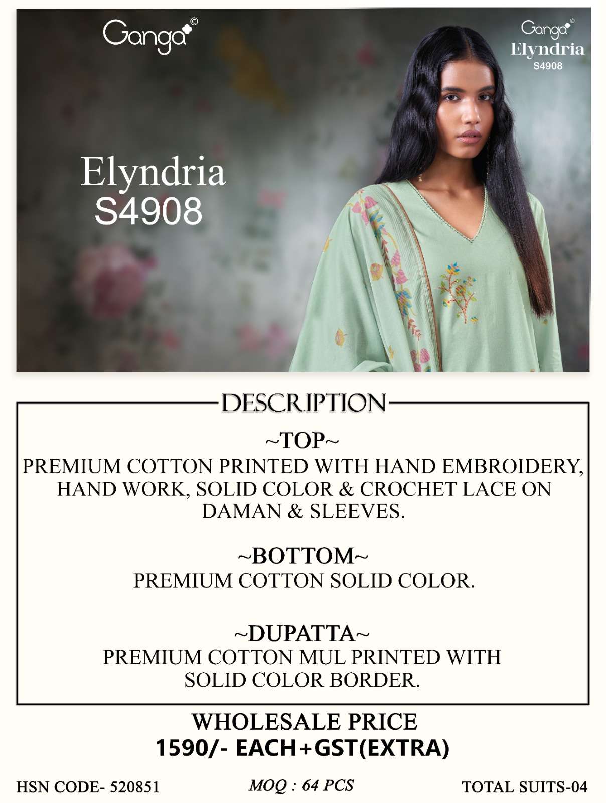 Ganga Fashion Elyndria 4908 Premium Cotton Embroidered Salwar Suit - Amrah Wholesale